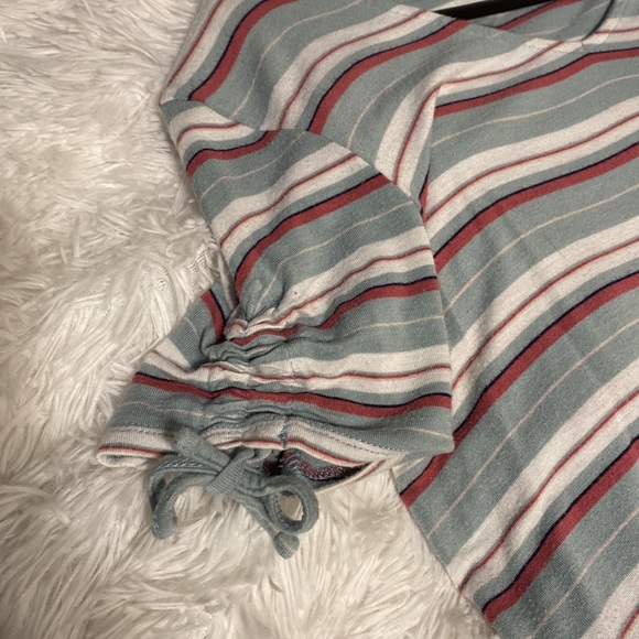 Light Blue, Pink and White Striped T-Shirt With Adjustable Scrunch Ties Sleeves - Picture 2 of 2